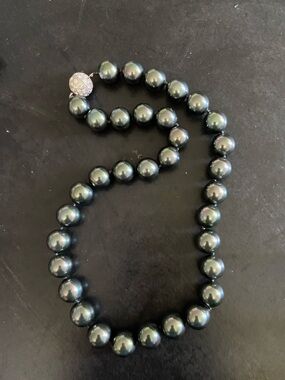 Vintage Classic Black 9mm Knotted Glass Pearl Strand Necklace with Pavé Clasp